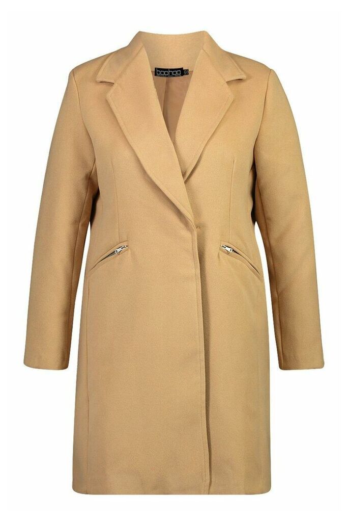 Womens Plus Zip Front Oversized Wool Look Coat - beige - 16, Beige