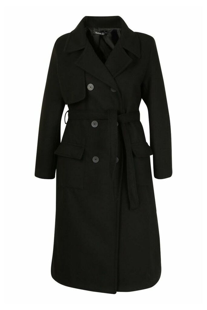 Womens Plus Tailored Self Belted Longline Coat - Black - 22, Black
