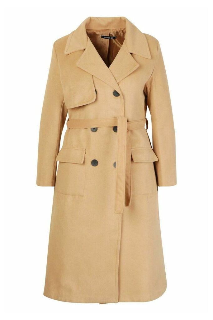 Womens Plus Tailored Self Belted Longline Coat - beige - 20, Beige