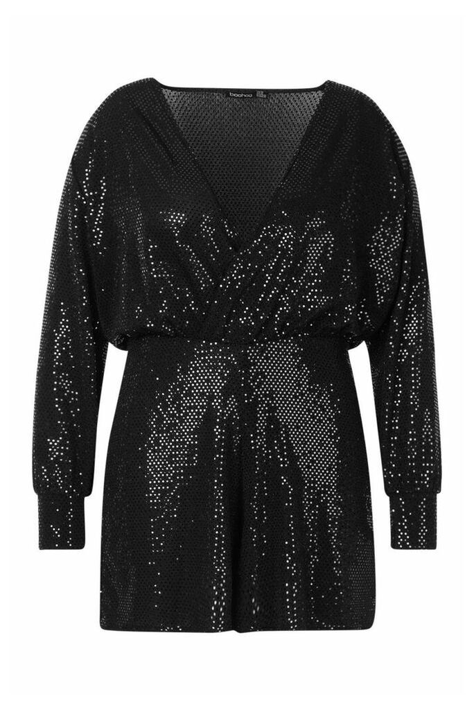 Womens Plus Sequin Wrap Long Sleeve Flippy Playsuit - black - 28, Black