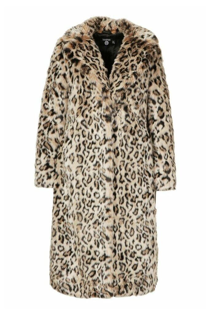 Womens Plus Leopard Faux Fur Longline Coat - brown - 24, Brown