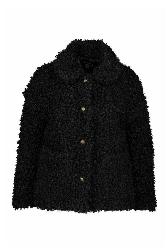 Womens Plus Teddy Faux Fur Pea Coat - Black - 18, Black