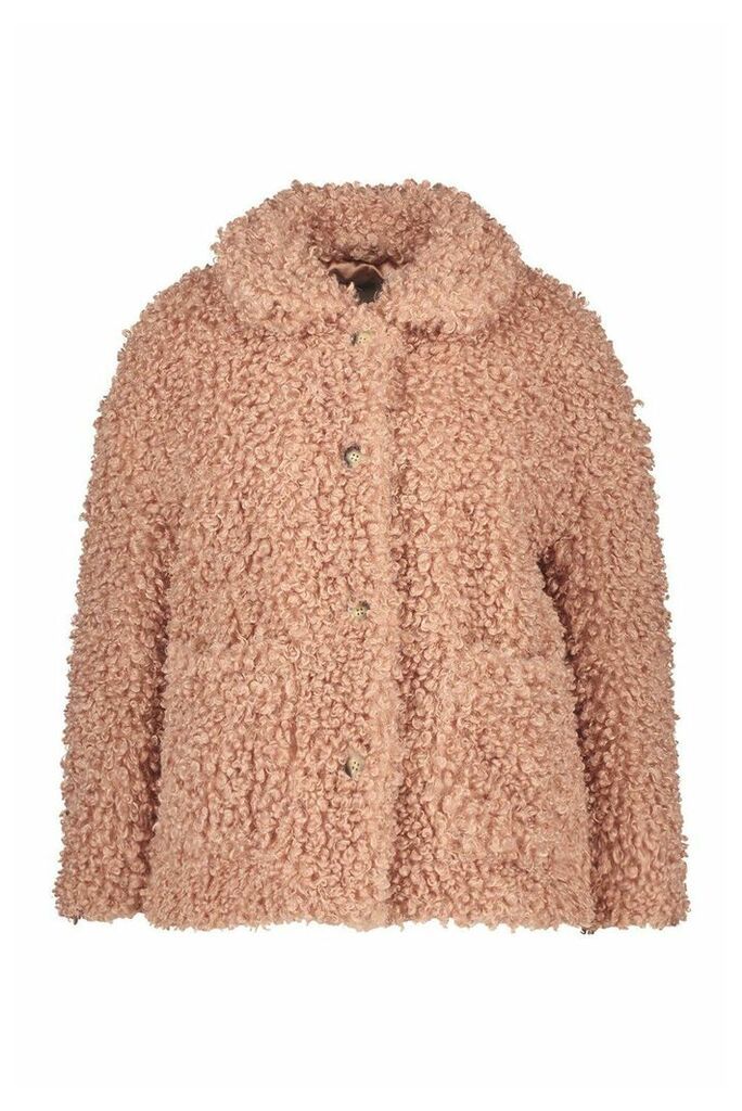 Womens Plus Teddy Faux Fur Pea Coat - pink - 16, Pink