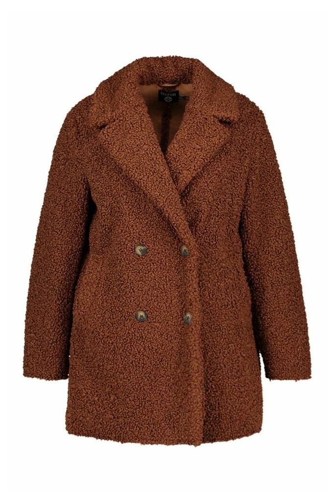 Womens Plus Teddy Faux Fur Double Breasted Coat - brown - 20, Brown