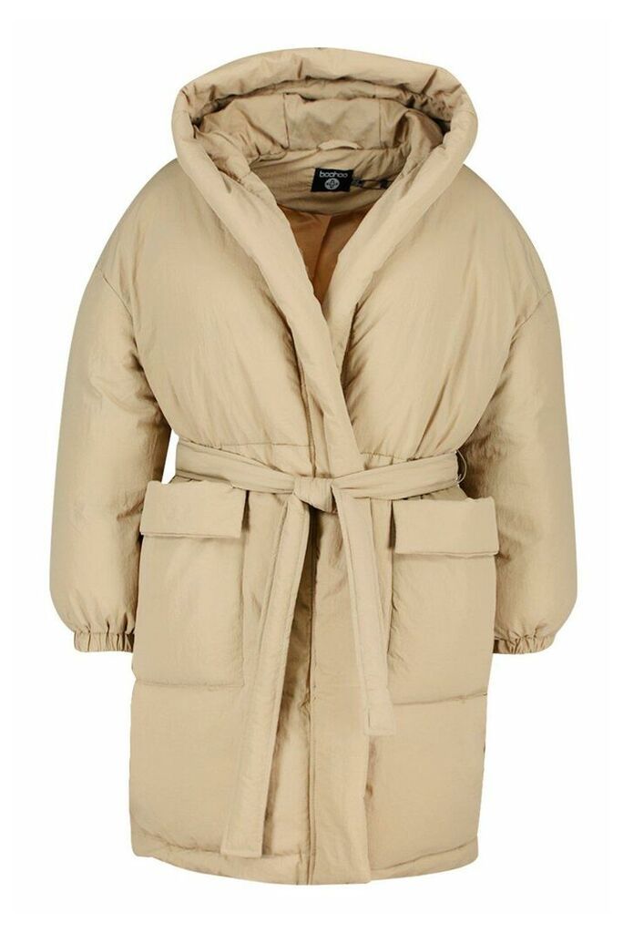 Womens Plus Shawl Collar Belted Mid Length Puffer Coat - White - 18, White