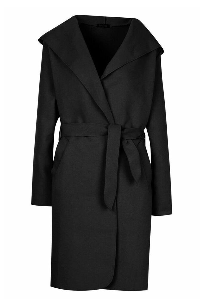 Womens Hooded Belted Shawl Coat - Black - 14, Black