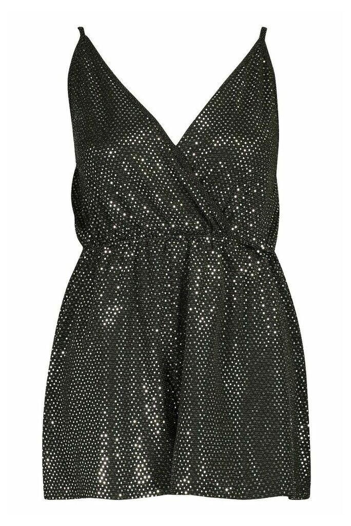 Womens Plus Wrap Front Sequin Strappy Playsuit - grey - 18, Grey