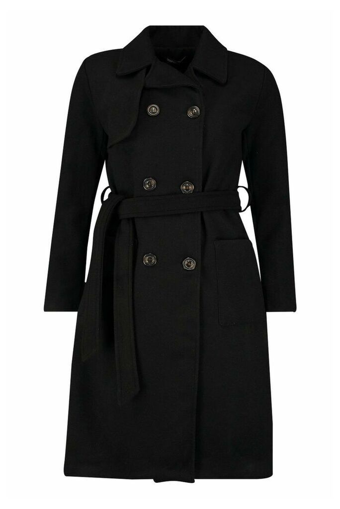 Womens Longline Pocket Detail Wool Look Trench Coat - Black - 12, Black