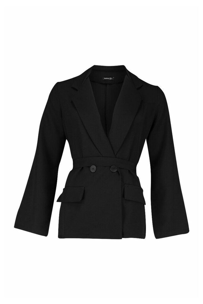 Womens Split Sleeve Belted Blazer - black - 12, Black