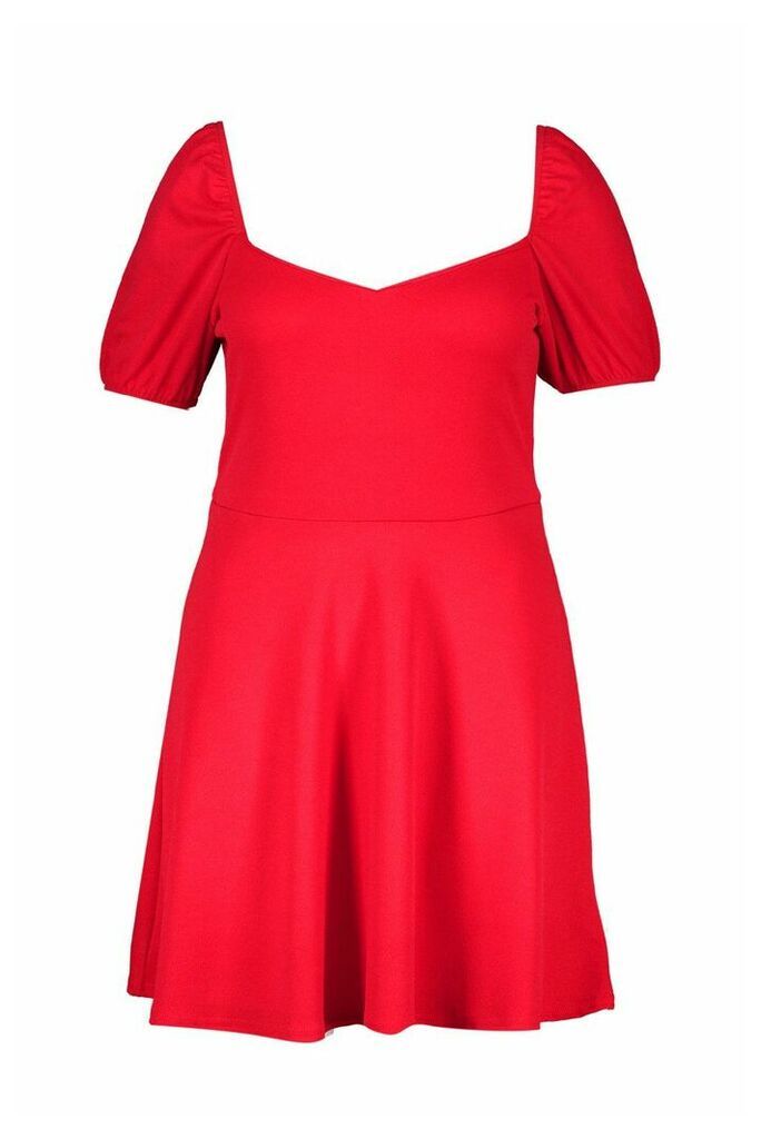 Womens Plus Ruched Puff Sleeve Skater Dress - red - 22, Red