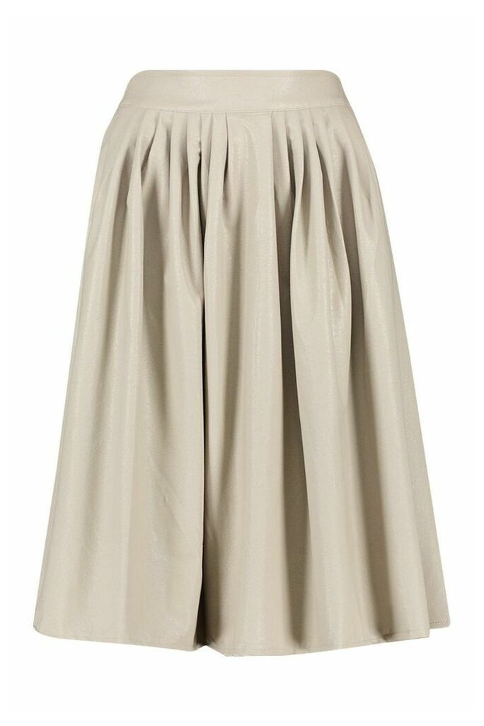Womens Leather Look Pleated Midi Skirt - Beige - L, Beige