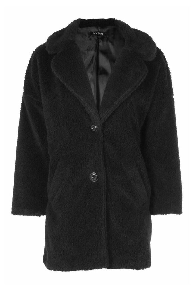 Womens Faux Fur Teddy Coat - Black - S, Black
