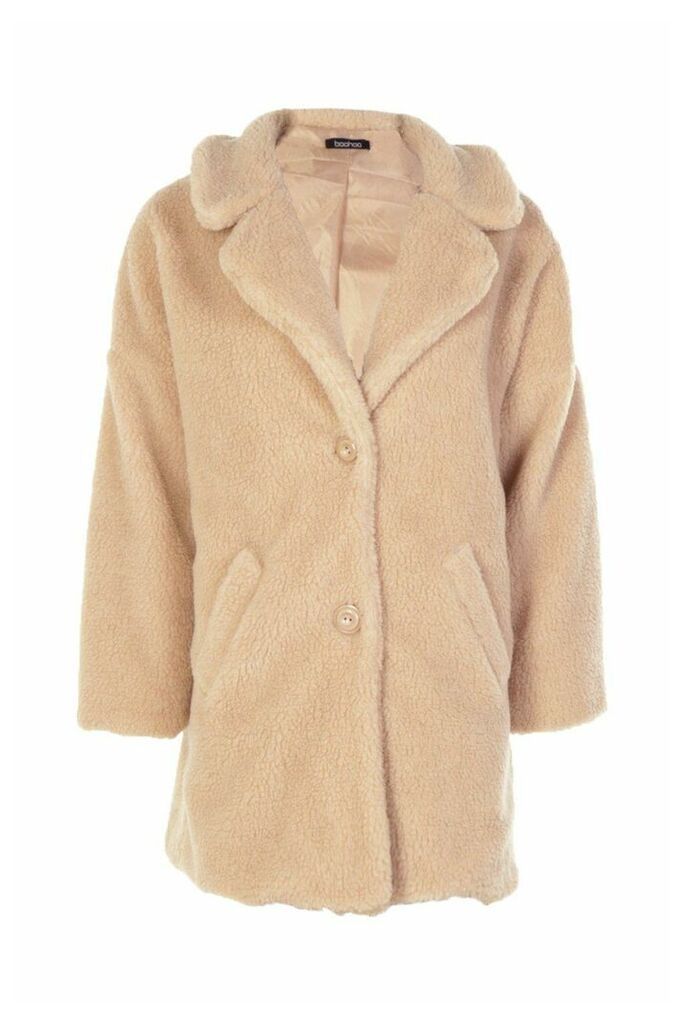 Womens Faux Fur Teddy Coat - Beige - L, Beige