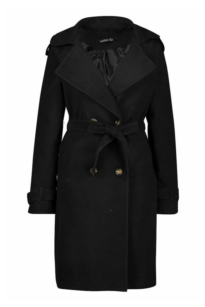 Womens Tall Military Double Breasted Wool Look Coat - Black - 6, Black
