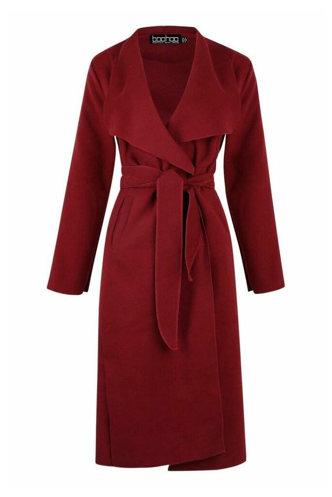 Womens Belted Shawl Collar Coat - Red - One Size, Red