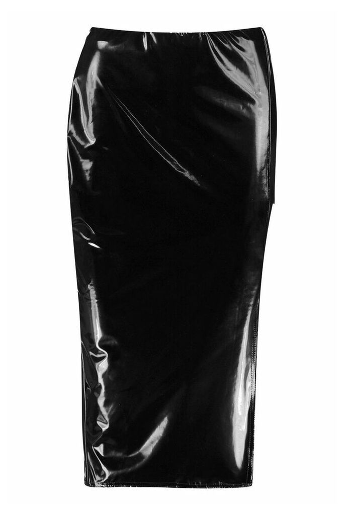 Womens Thigh Split Vinyl Midi Skirt - black - 14, Black