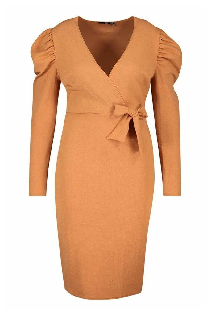 Womens Plus Draped Sleeve Wrap Detail Midi Dress - brown - 16, Brown