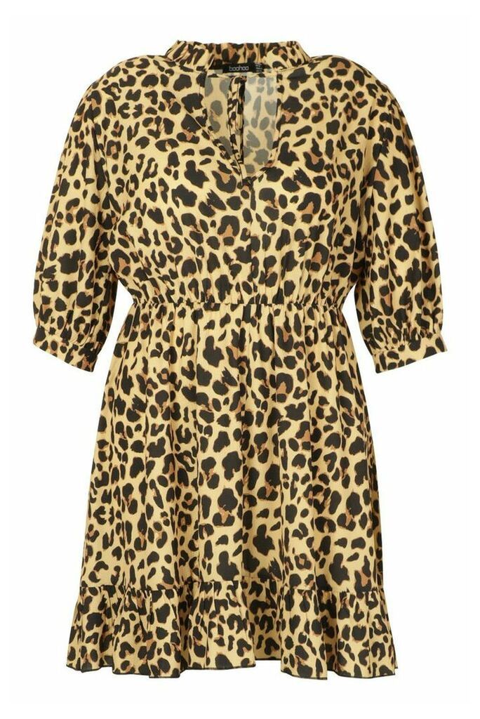Womens Plus Leopard Ruffle High Neck Skater Dress - beige - 20, Beige