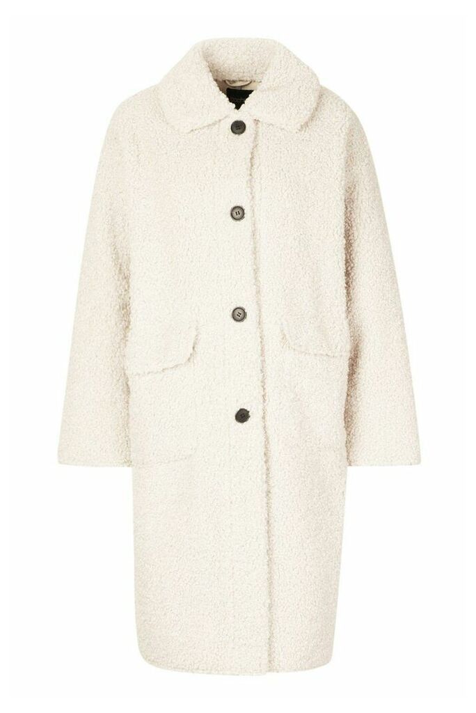Womens Button Up Faux Fur Bonded Teddy Coat - white - 14, White