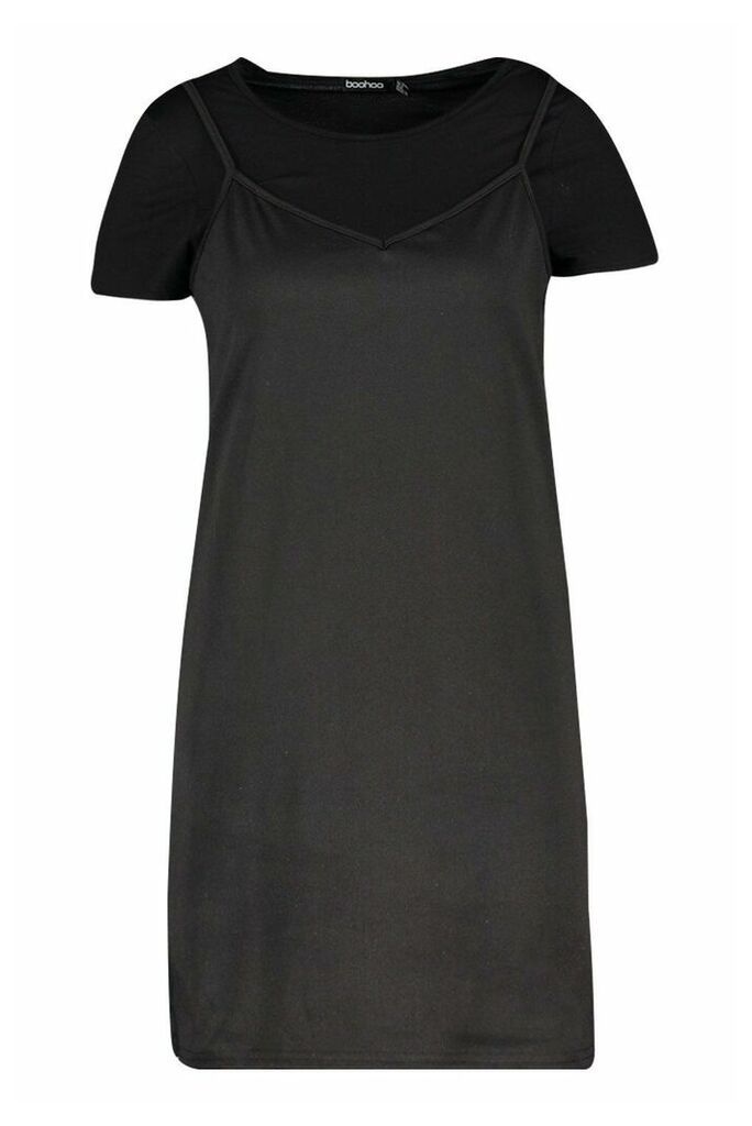 Womens Stripe T-Shirt Layered Slip Dress - Black - 12, Black
