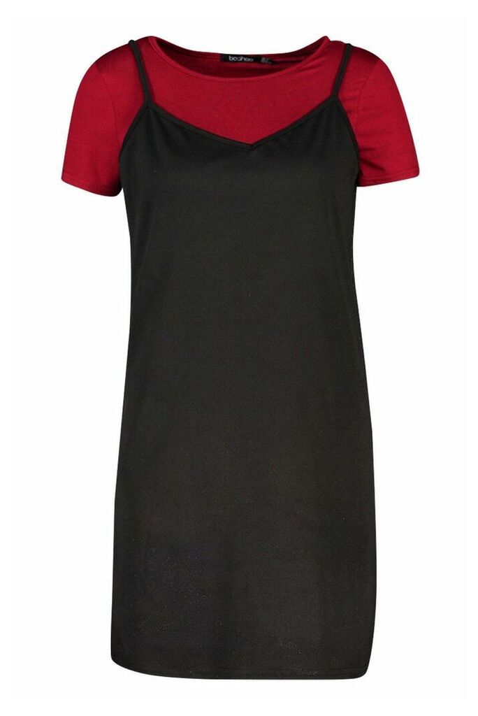 Womens Stripe T-Shirt Layered Slip Dress - 6, Red