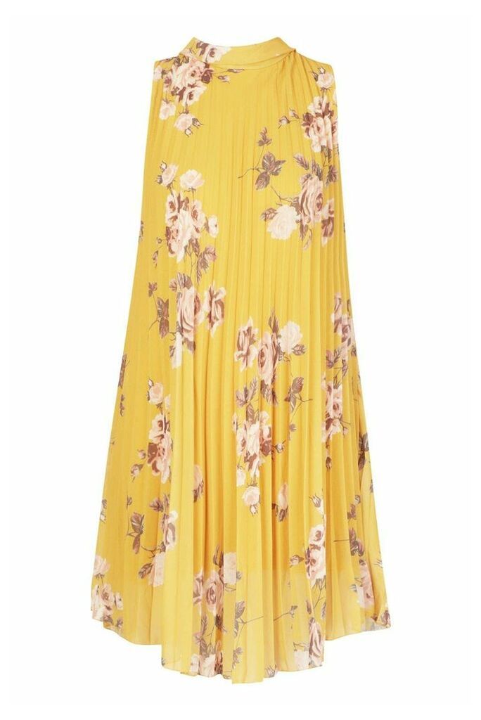 Womens Floral Print Pleated Shift Dress - yellow - 10, Yellow