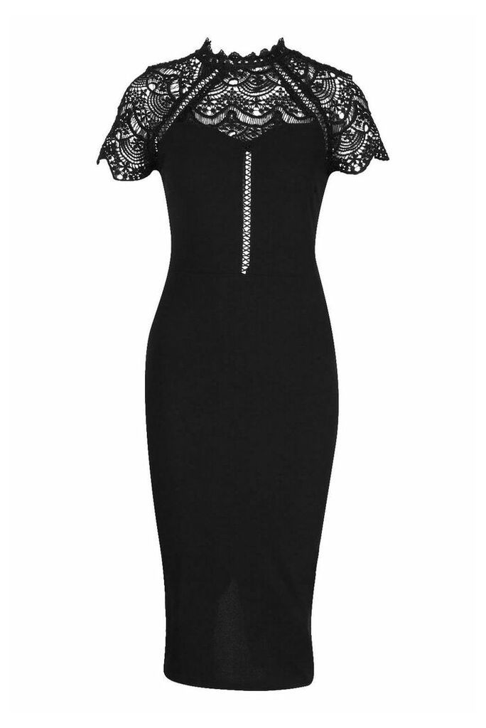 Womens High Neck Lace Trim Midi Dress - black - 14, Black