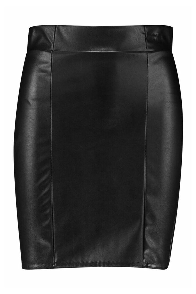 Womens Leather Look Seam Front Mini Skirt - black - 12, Black