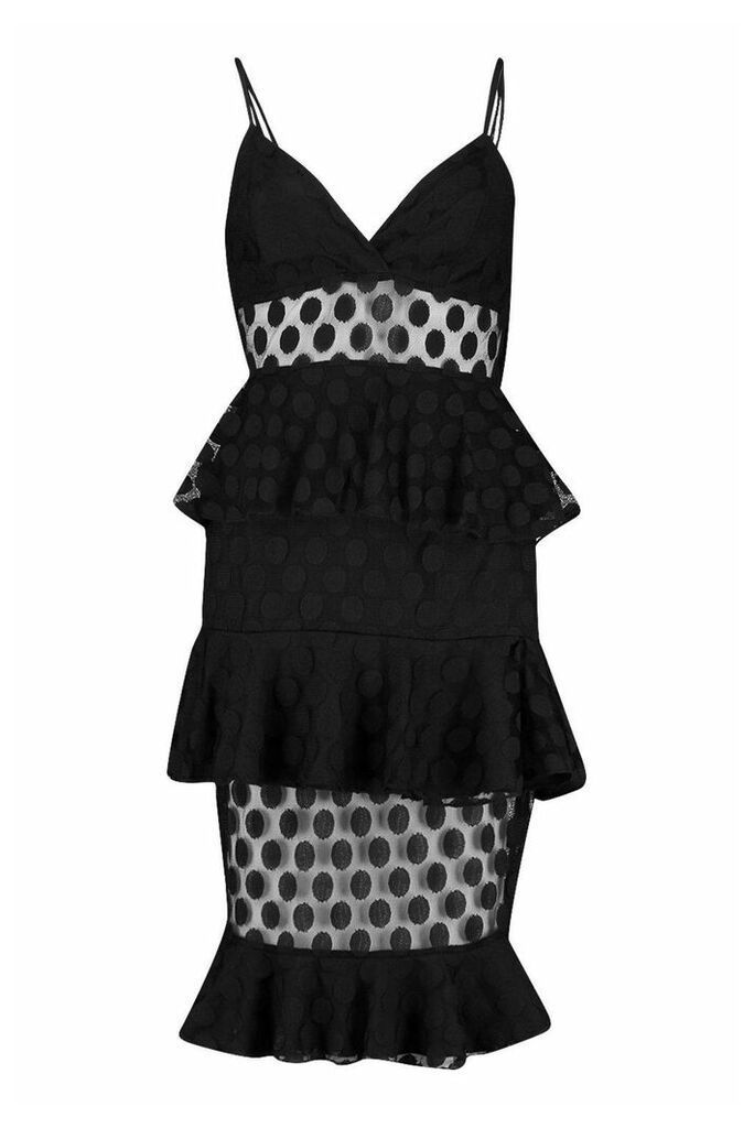 Womens Spot Dobby Mesh Tierred Midi Dress - Black - 12, Black