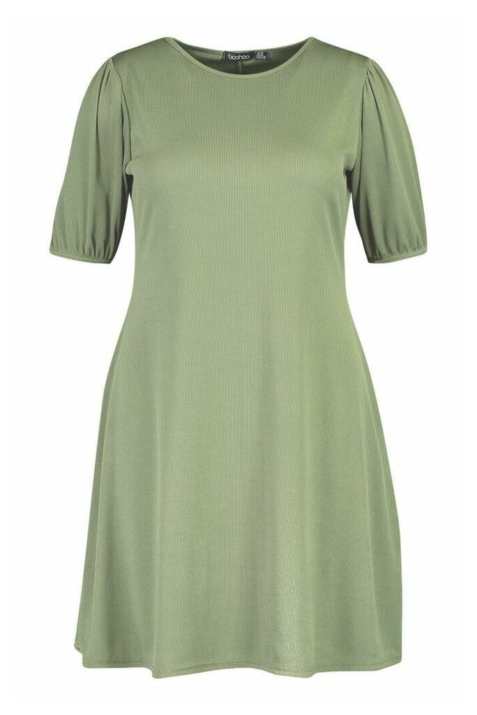 Womens Plus Soft Rib Puff Sleeve Swing Dress - green - 28, Green