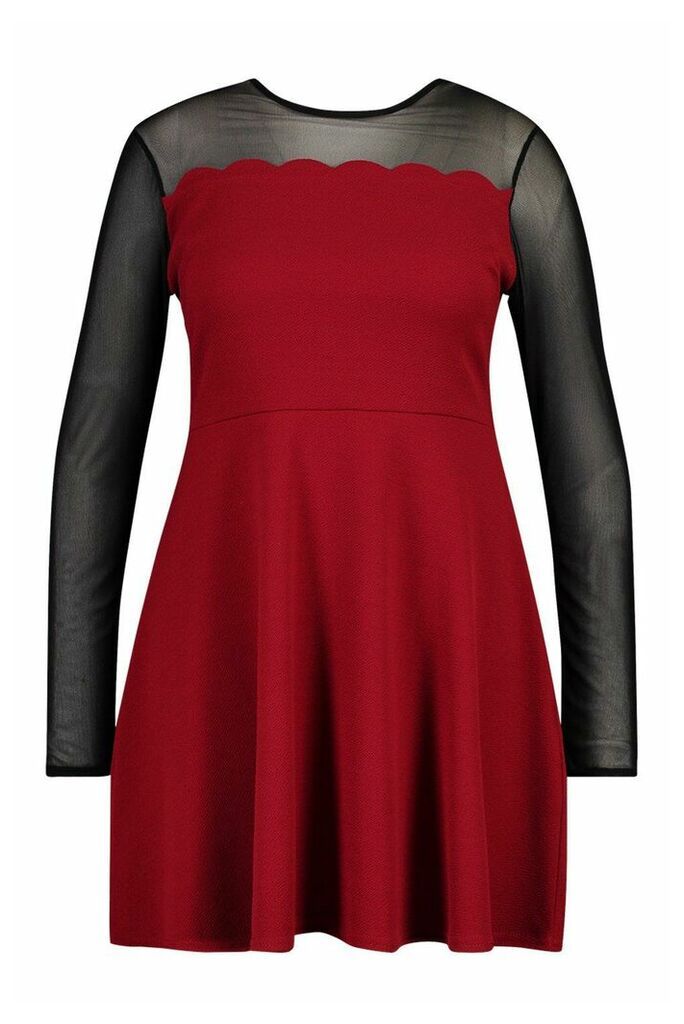 Womens Plus Mesh Scallop Edge Skater Dress - red - 18, Red