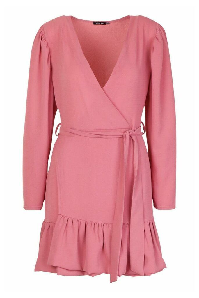 Womens Petite Puff Sleeve Wrap Ruffle Dress - pink - 6, Pink