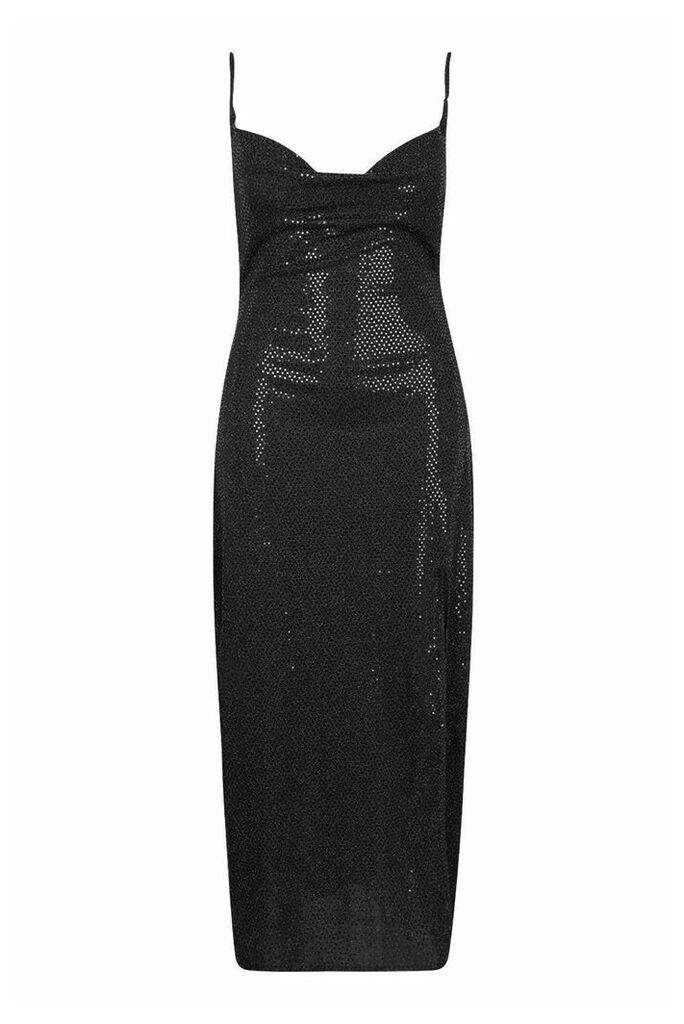 Womens Plus Sequin Cowl Neck High Split Maxi Dress - black - 18, Black
