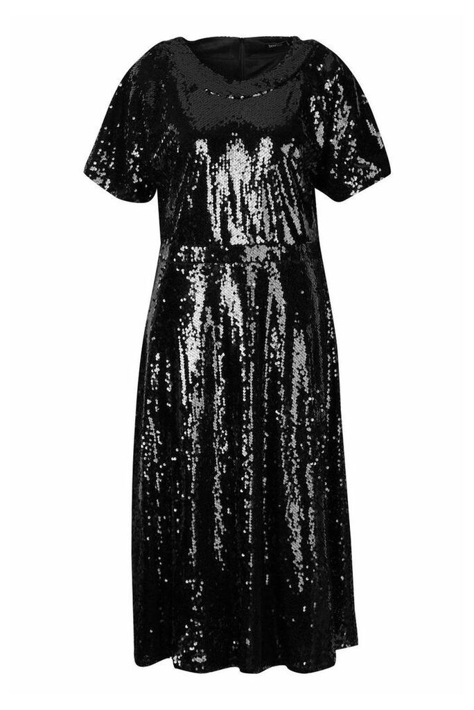 Womens Plus Sequin Midi Smock Dress - black - 20, Black