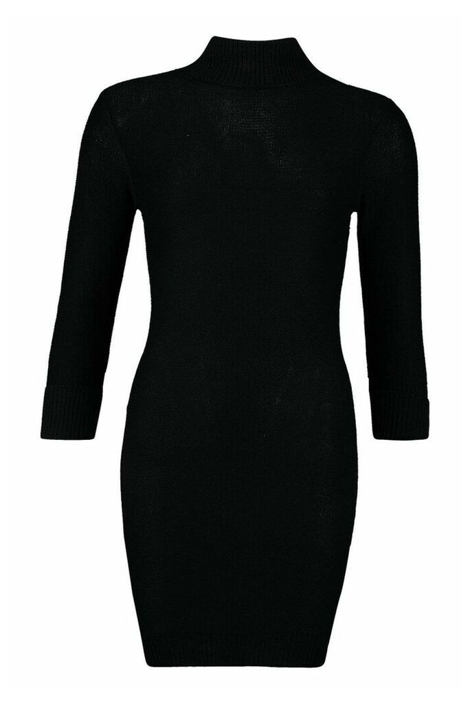 Womens Roll Neck Knitted Mini Jumper Dress - black - L, Black