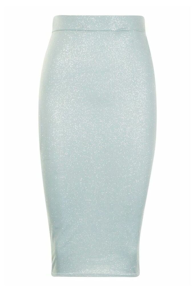 Womens Glitter Bodycon Midi Skirt - Blue - 12, Blue