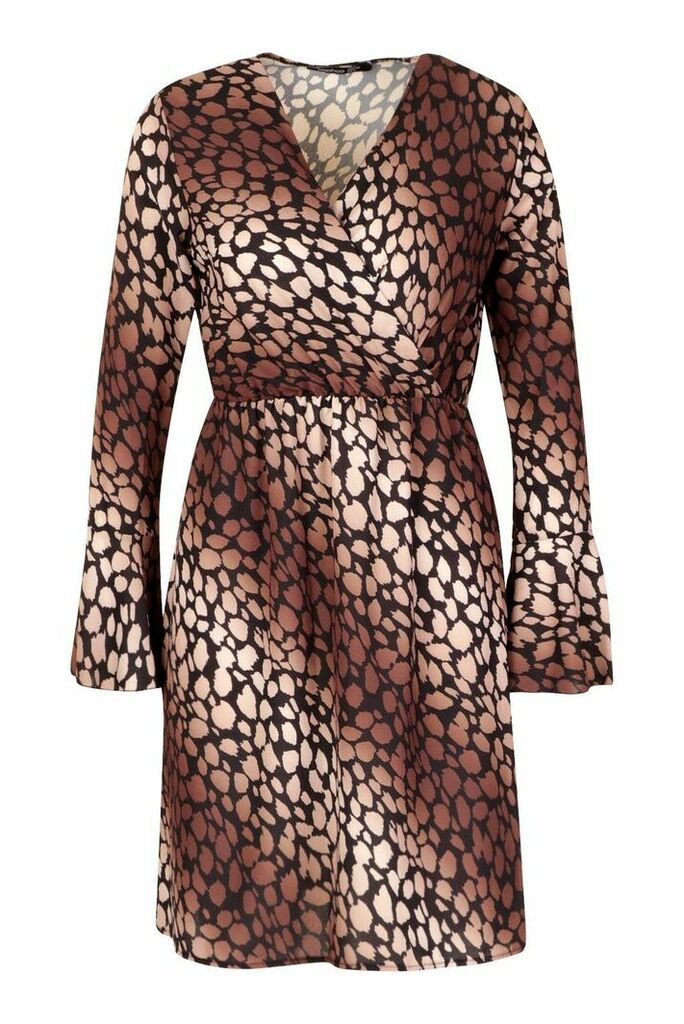 Womens Leopard Print Flared Sleeve Tea Dress - Brown - 10, Brown