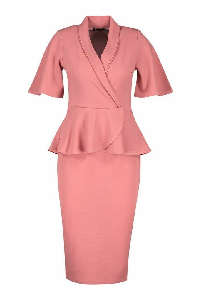 Womens Flared Sleeve Wrap Peplum Dress - Pink - 6, Pink