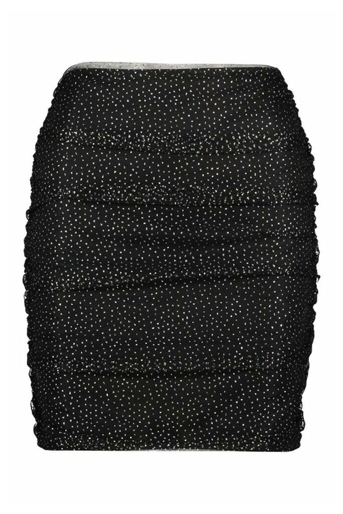 Womens Glitter Mini Polka Dot Ruched Skirt - Black - 12, Black