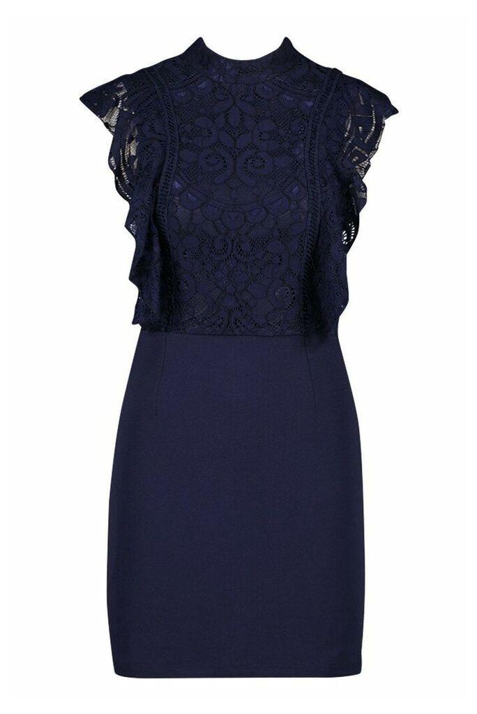 Womens Lace Ruffle Front Midi Dress - Navy - 14, Navy