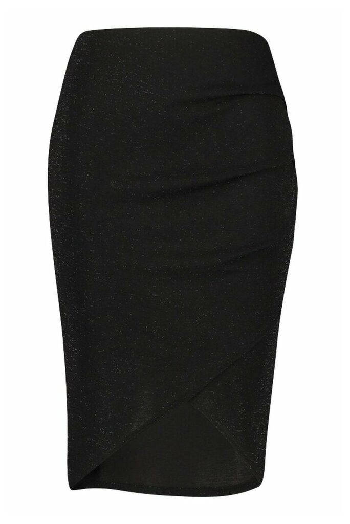 Womens Plus Metallic Wrap Midi Skirt - black - 24, Black
