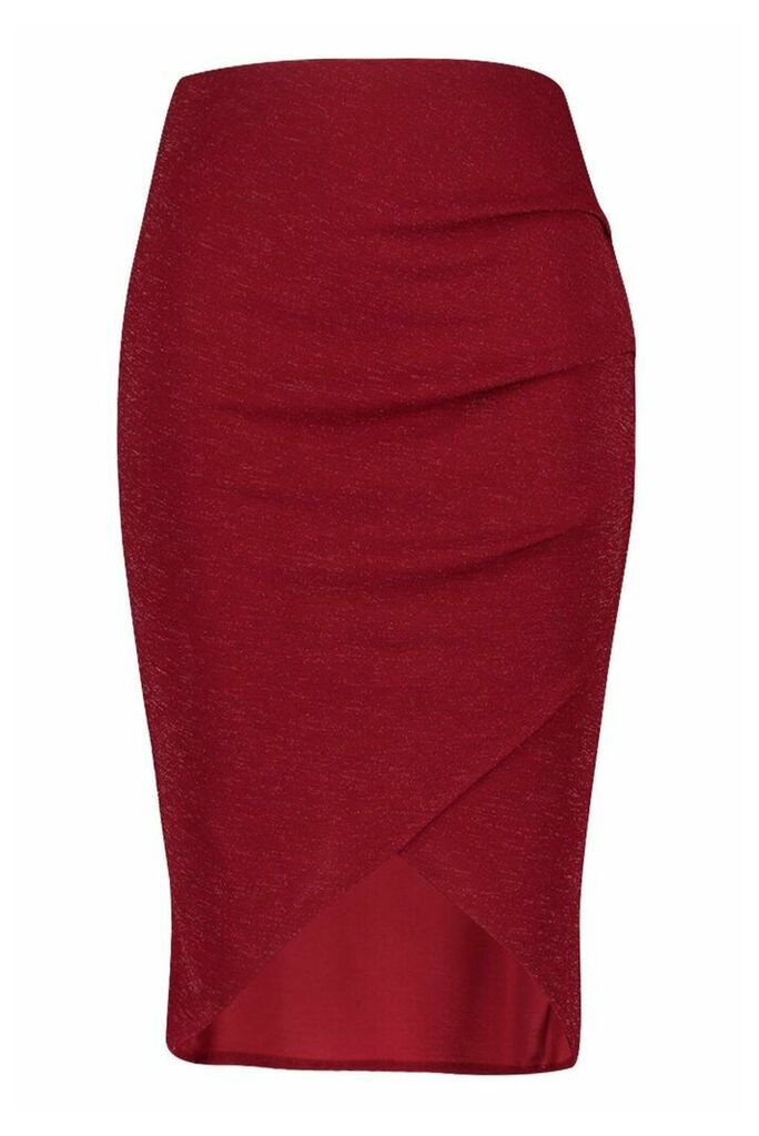 Womens Plus Metallic Wrap Midi Skirt - red - 16, Red