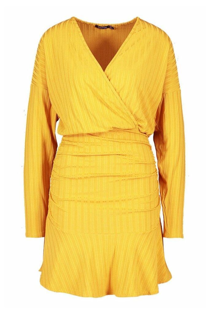 Womens Recycled Plunge Ruffle Rib Mini Dress - Yellow - 6, Yellow