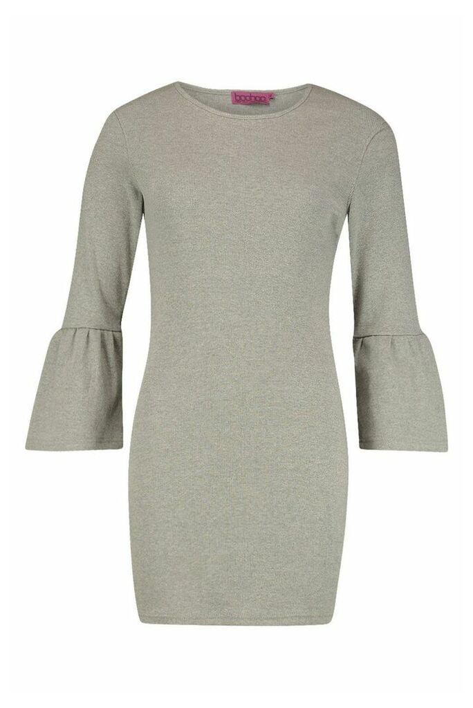Womens Rib Flare Sleeve Midi Dress - Grey - 14, Grey