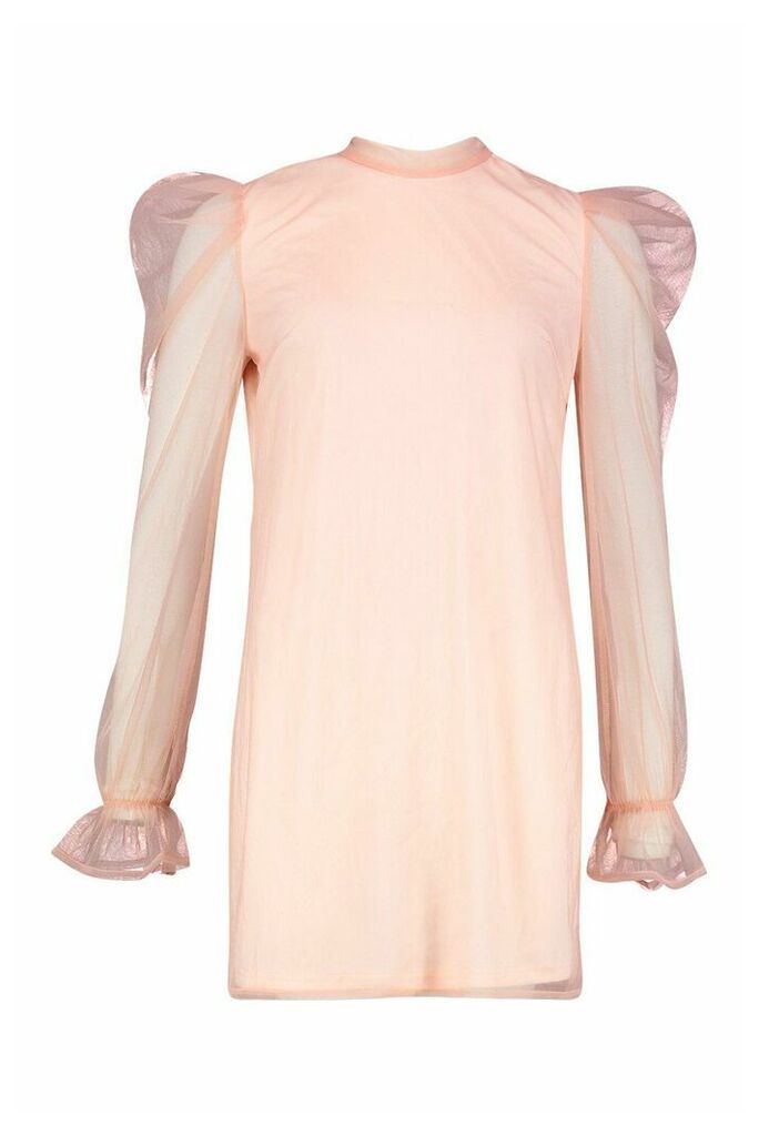 Womens Organza Sleeve High Neck Shift Dress - Pink - 14, Pink