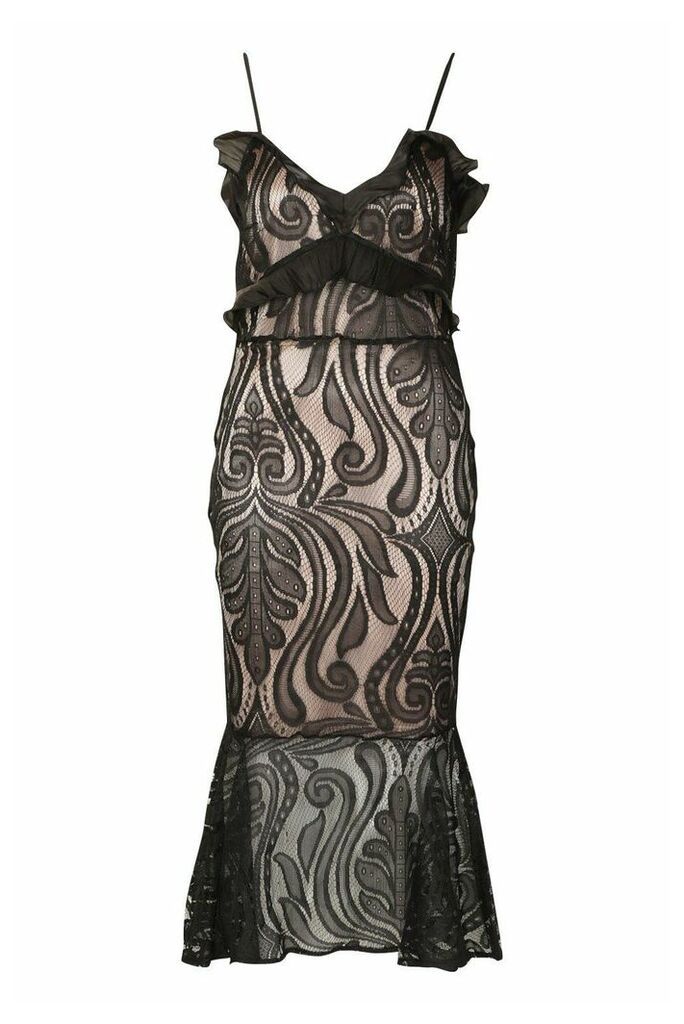 Womens All Over Lace Fishtail Midi Dress - Black - 14, Black