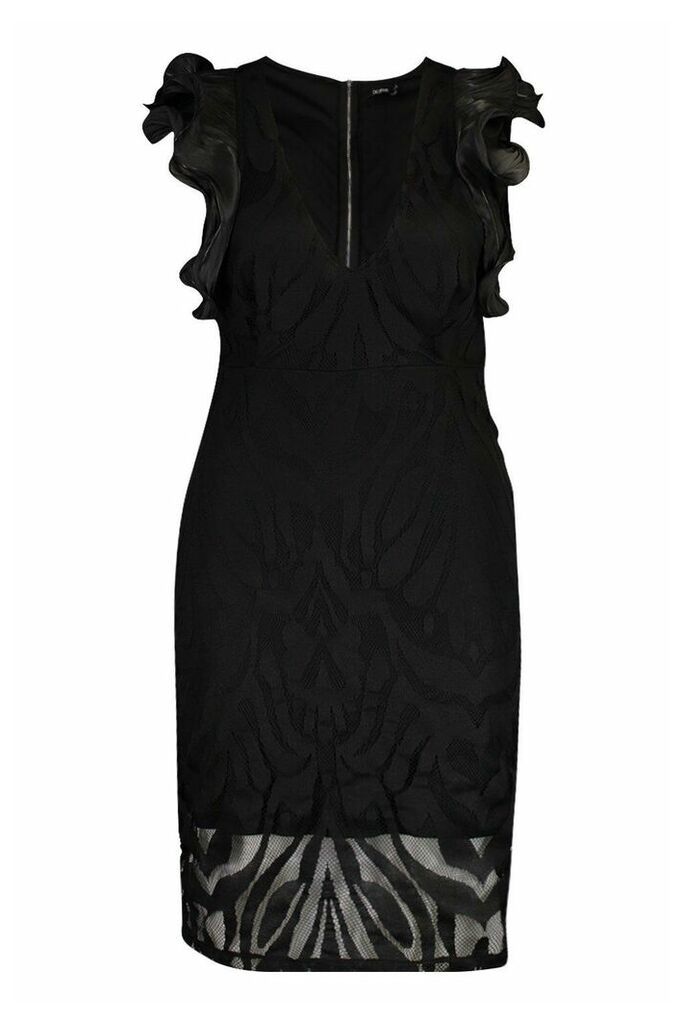 Womens Plus Structured Ruffle Lace Midi Dress - Black - 20, Black