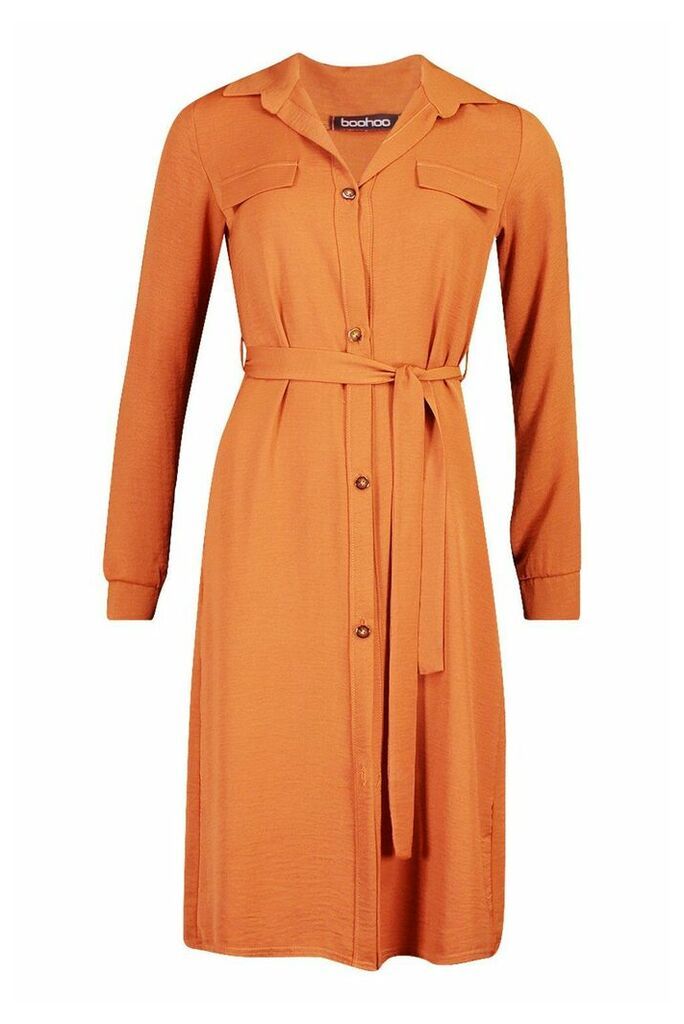 Womens Utility Wrap Over Woven Shift Midi Dress - orange - 14, Orange