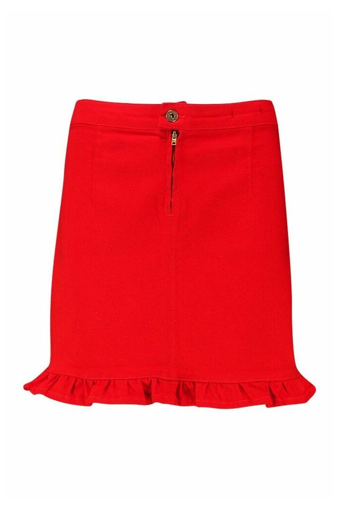 Womens Frill Hem Denim Mini Skirt - red - 16, Red