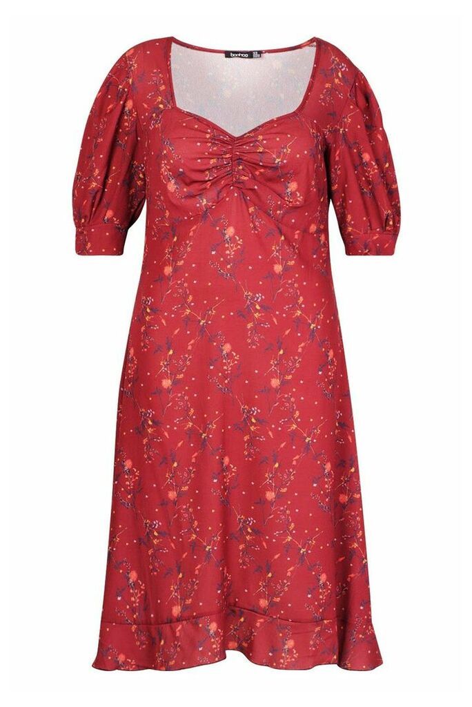 Womens Plus Floral Ruched Detail Midi Dress - Red - 18, Red